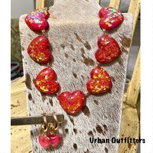 Urban Outfitters Red Heart Shape Necklace and Dangle Earrings-SET